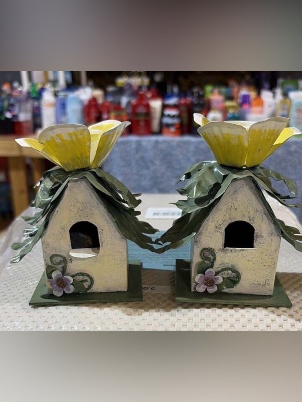 Set of 2 Decorative Metal Birdhouse Candle Holders with Floral Accents